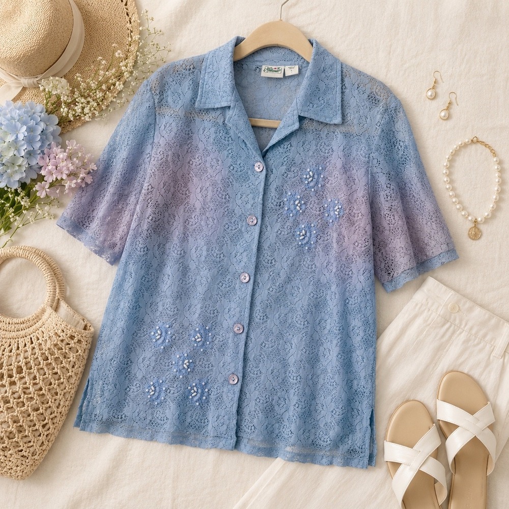 Vintage Haband Floral Lace Beaded Button blouse size L‎ Blue ombre grannycore
